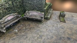 Stone benches at rainy day scan