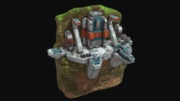 Low poly sci fi outpost buildings on cliffs
