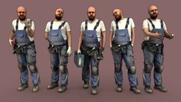 Bald Worker in Overalls & White T-shirt