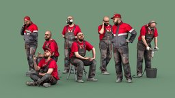 Bald Worker in Overalls and Red T-shirt